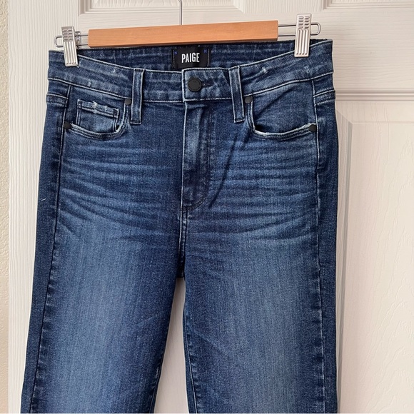 New Paige Flora Frayed Ruffle Hem Jeans Merritt Size 27 Dark Wash - Picture 8 of 12